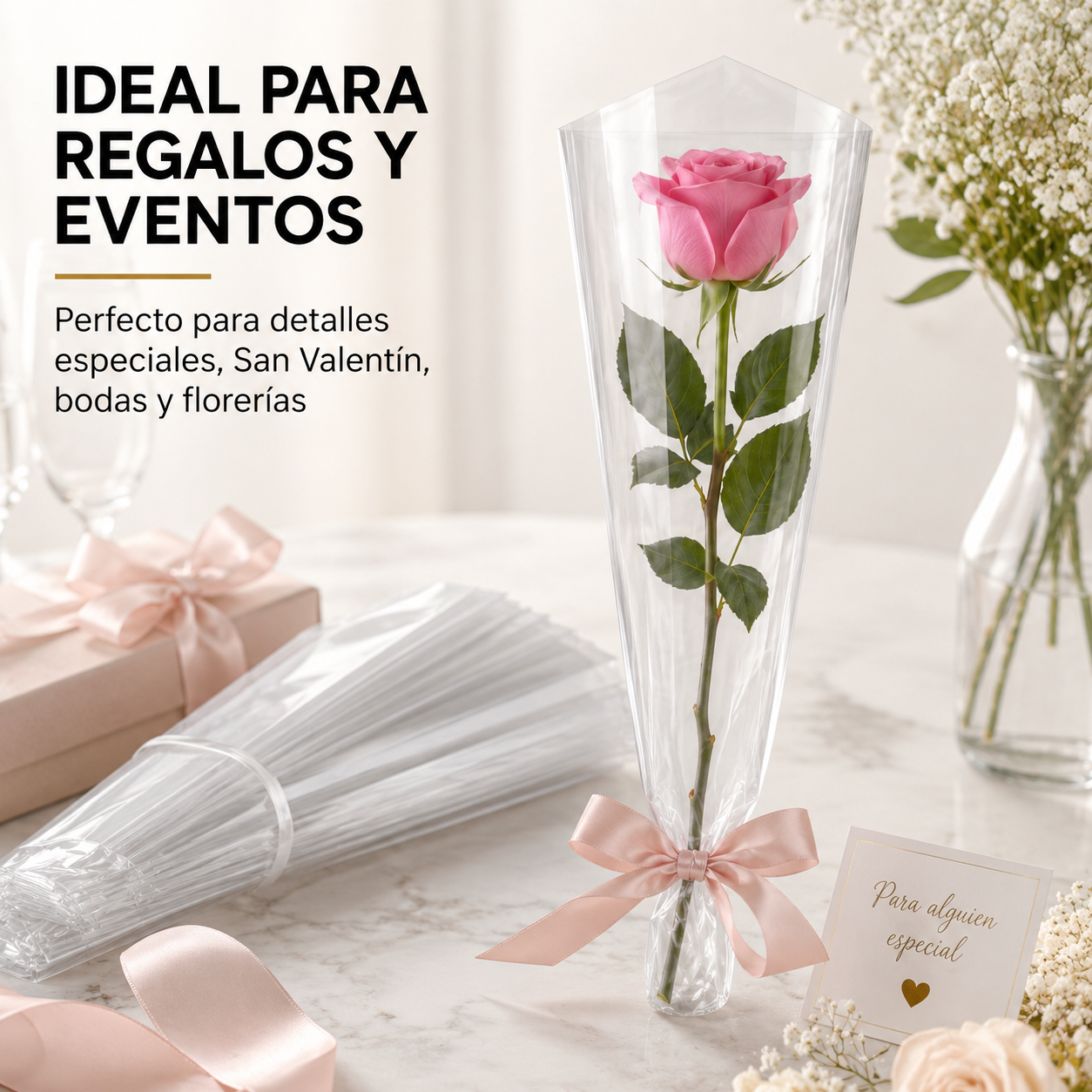 ENVOLTURA DE CELOFAN PARA 1 ROSA ( 100 PZAS )