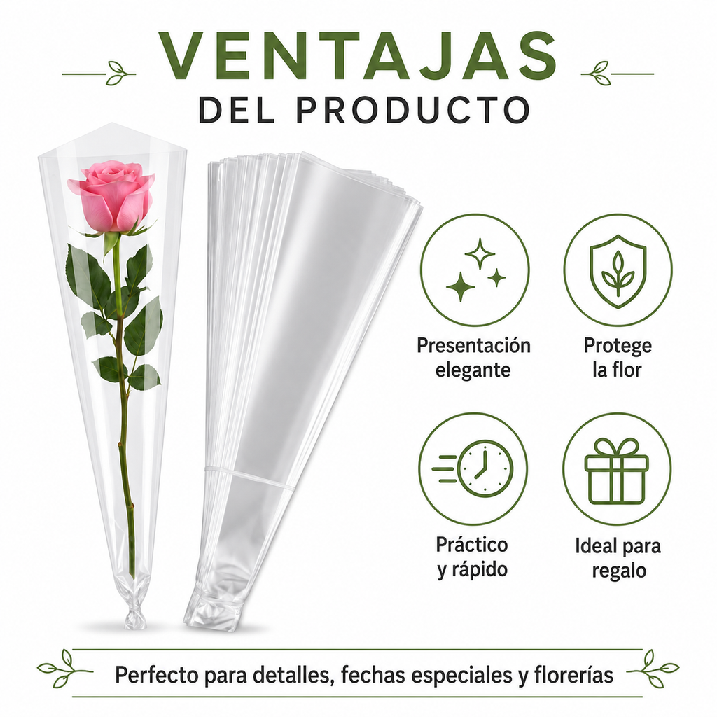 ENVOLTURA DE CELOFAN PARA 1 ROSA ( 100 PZAS )